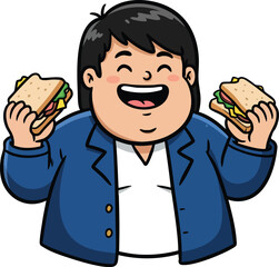 Happy man enjoying two sandwiches with joyful expression in casual blue jacket vector illustration 
