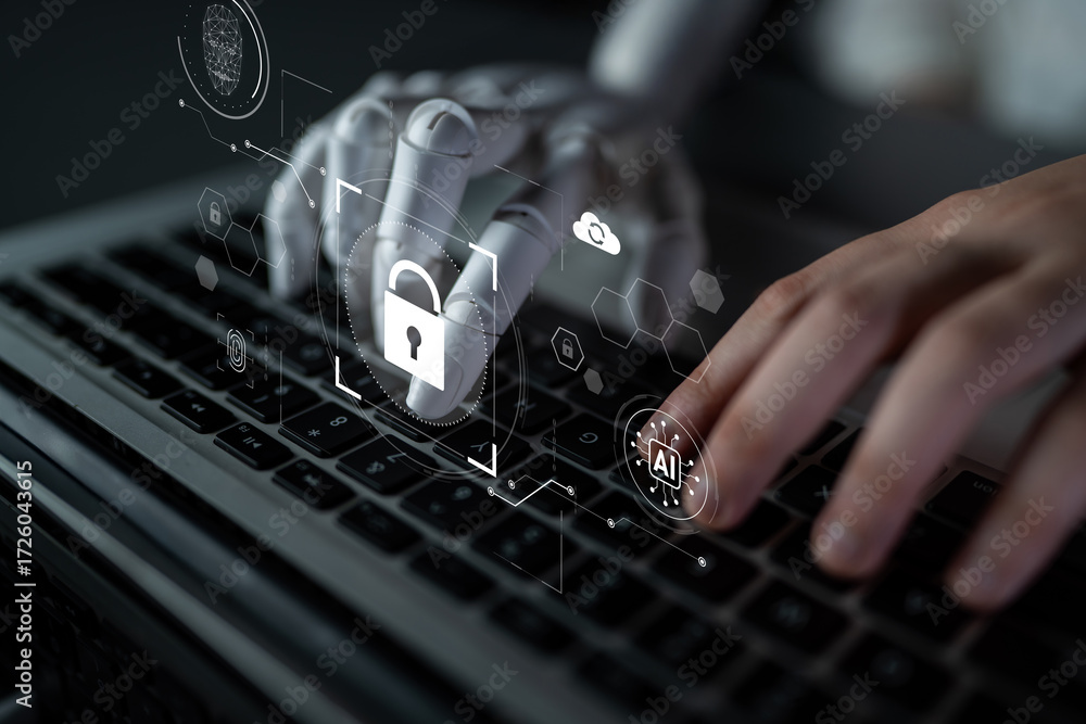 Poster ai monitoring cybersecurity, verifying biometric access, analyzing identity patterns, and securing d
