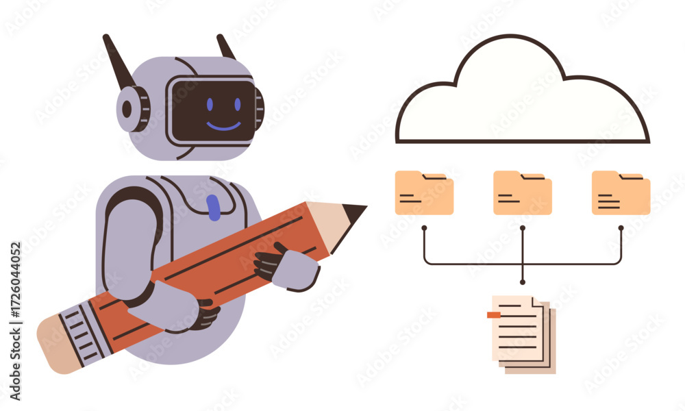 Poster robot holding pencil while connecting cloud folders to documents symbolizing data management, automa