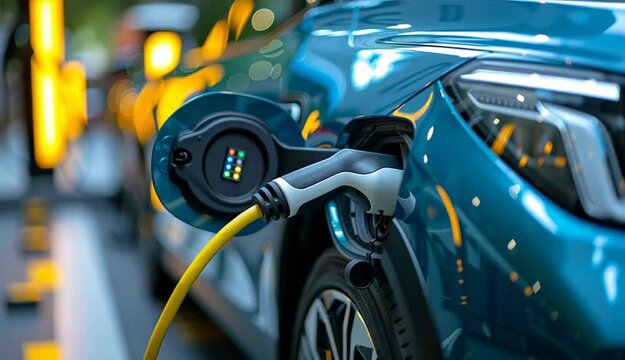 Charging modern electric cars from station outdoors
