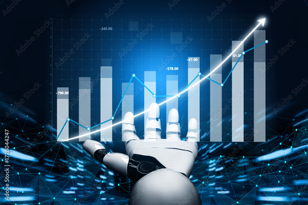 Poster this image showcases a futuristic robot hand reaching towards a growing graph, symbolizing growth in
