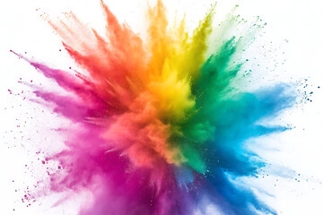 A vibrant explosion of rainbow colored powder against a bright white and clean background image art