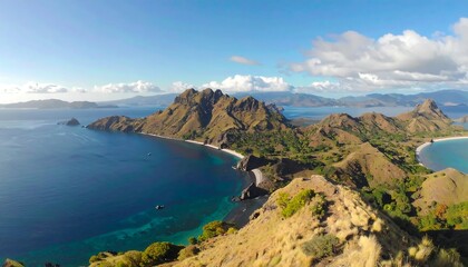 Fototapeta premium Panoramic view of a mountainous island landscape meets blue sea beneath scattered clouds