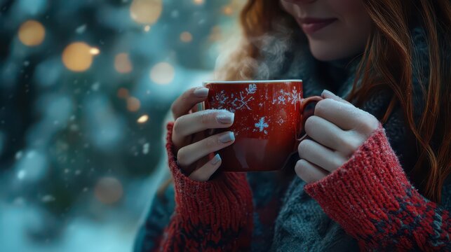 Cozy winter scene with woman holding festive mug celebrating international coffee day. Horizontal banner. Copy space