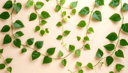 Fresh green leaves arranged on a pastel background