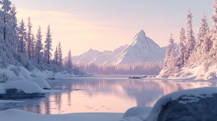 Serene Winter Wonderland: Snow-Covered Mountains Reflecting in a Frozen Lake at Sunrise