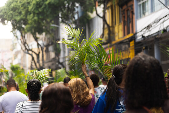 Hundreds of Catholics are seen walking during a Palm Sunday procession in the city of Salvador, Brazil.