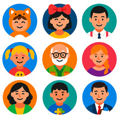 Diverse Character Avatars. Flat vector icons of people avatar (round): child in animal costume, woman with giant bow, man in