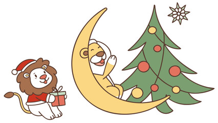 Playful Excited Lion design, styled with sitting on a moon and Festive Cheer shades in a Christmas setting