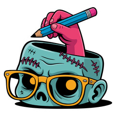 Zombie with pencil Halloween paper mask isolated illustration creepy scary character design perfect for seasonal party cartoon vector style