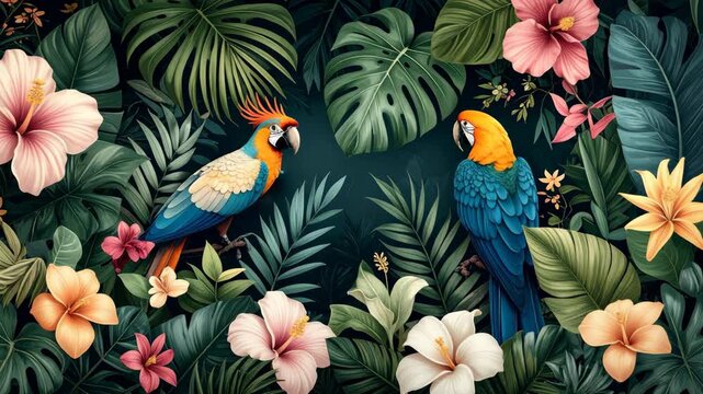 Pair of vibrant tropical parrots surrounded by lush green foliage and hibiscus blossoms in a jungle paradise