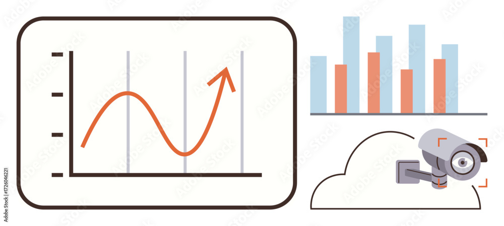 Poster trending line graph and bar chart analyze growth data, paired with a surveillance camera over a clou