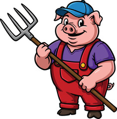 Cartoon pig farmer holding pitchfork wearing red overalls and blue cap cheerful farm animal character vector illustration 