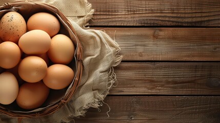 Celebrating world egg day with a rustic basket of fresh eggs on wooden table. Top view. Horizontal banner. Copy space. World Farm Animals Day. World Bird Day. Healthy farm food. Flat lay