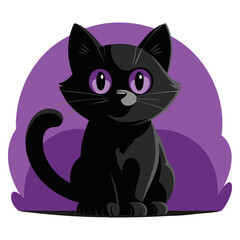 Cute black cat vector illustration Halloween theme big shiny eyes furry pet character orange geometric background creative poster and decoration art