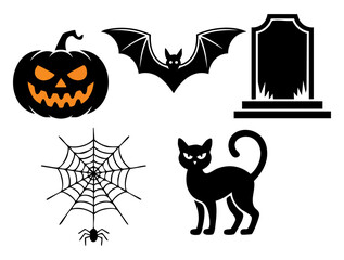 Obraz premium Halloween icons vector illustration design pumpkin cobweb bat cat and tombstone spooky holiday theme flat style isolated symbols perfect for visuals