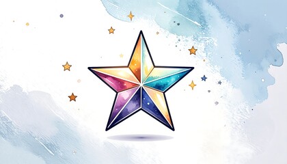 Watercolor illustration of a multi-colored star with watercolor effects around it