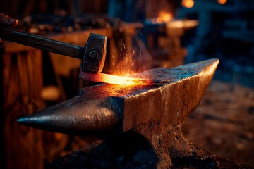 A skilled blacksmith hammers a glowing piece of metal on an anvil, sparks flying in the dimly lit workshop. The warmth of the forge surrounds the artisan as they work