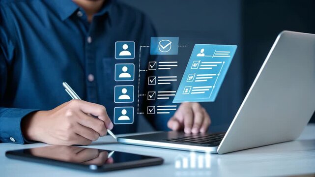 Person with pen checking boxes on digital checklist next to laptop and mobile device on desk