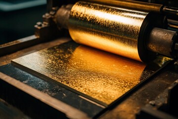 A printing machine rolls golden foil onto a flat surface, demonstrating the manufacturing process. The bright metallic surface shines under industrial lights, showcasing craftsmanship