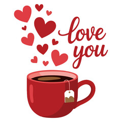 Romantic Valentines Day vector card illustration with coffee and hearts holiday greeting love elements happy celebration flat design art