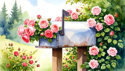 Watercolor mailbox overflowing with roses in a garden setting