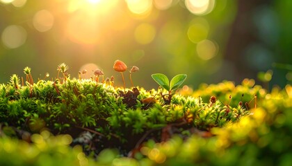 Sunlight on moss with small fungi and plant