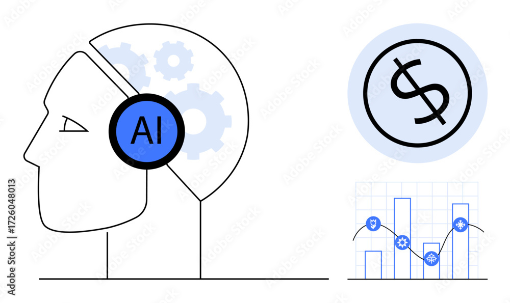 Poster human profile with ai symbol in brain, dollar sign, and data chart. ideal for technology, innovation