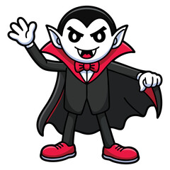 Vector illustration design of cartoon vampire character classic spooky halloween figure fangs cape shoes playful horror theme element