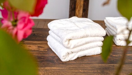 Stacked white towels on wooden surface