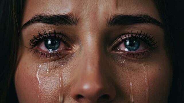 Woman with red eyes and tears streaming down her face, conveying sadness, grief, depression, and mental health struggle footage.