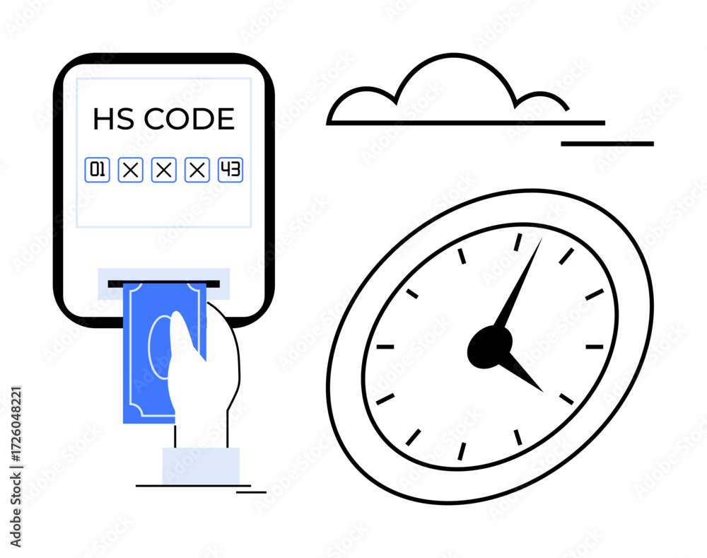 Poster hand inserting card into hs code device, clock indicating time, and cloud above. ideal for customs, 