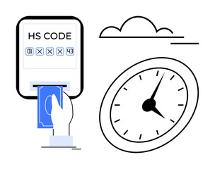 Hand inserting card into HS code device, clock indicating time, and cloud above. Ideal for customs, import-export, logistics, e-commerce, trade compliance digital transactions time management. A