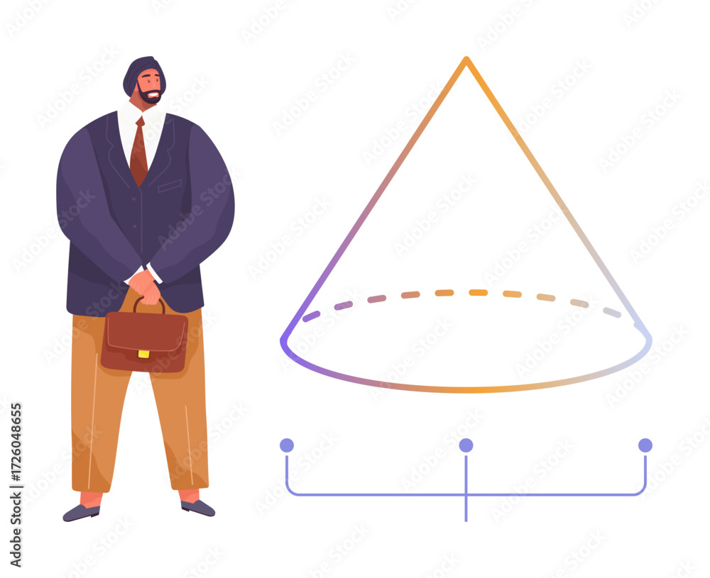 Poster man in formal attire standing beside a colorful cone diagram with labeled points, combining professi