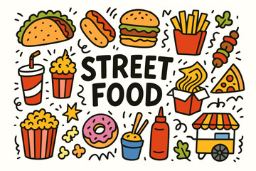 Street food icon set. hand-drawn, flat icons collection for fast food lovers.
