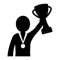 Fototapeta premium Illustration of a winner holding a trophy and wearing a medal for achievement and success