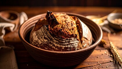 Rustic sourdough loaf in a clay bowl