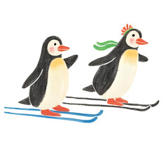 スキーをしているペンギンの兄弟