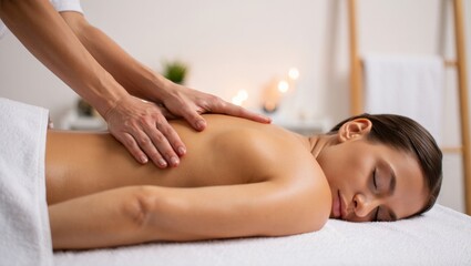 Obraz premium Woman enjoying a relaxing back massage at a tranquil spa, receiving therapy for wellness, self care, and stress relief, promoting health and body care