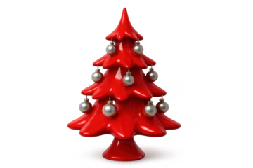 Red christmas tree with silver ornaments on transparent background