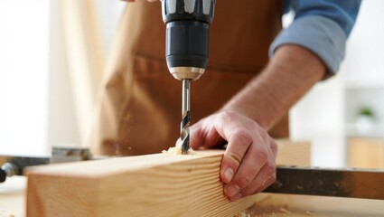 Man wearing a brown apron and blue shirt drilling a hole into a wooden plank with an electric power tool, creating wood chips in a bright carpentry workshop