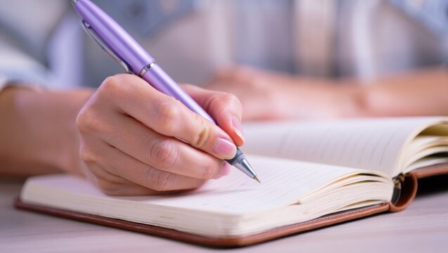 Person's hand holding a purple pen, writing notes in a physical journal or diary, highlighting concepts of learning, planning, and personal development in a focused setting - Powered by Adobe