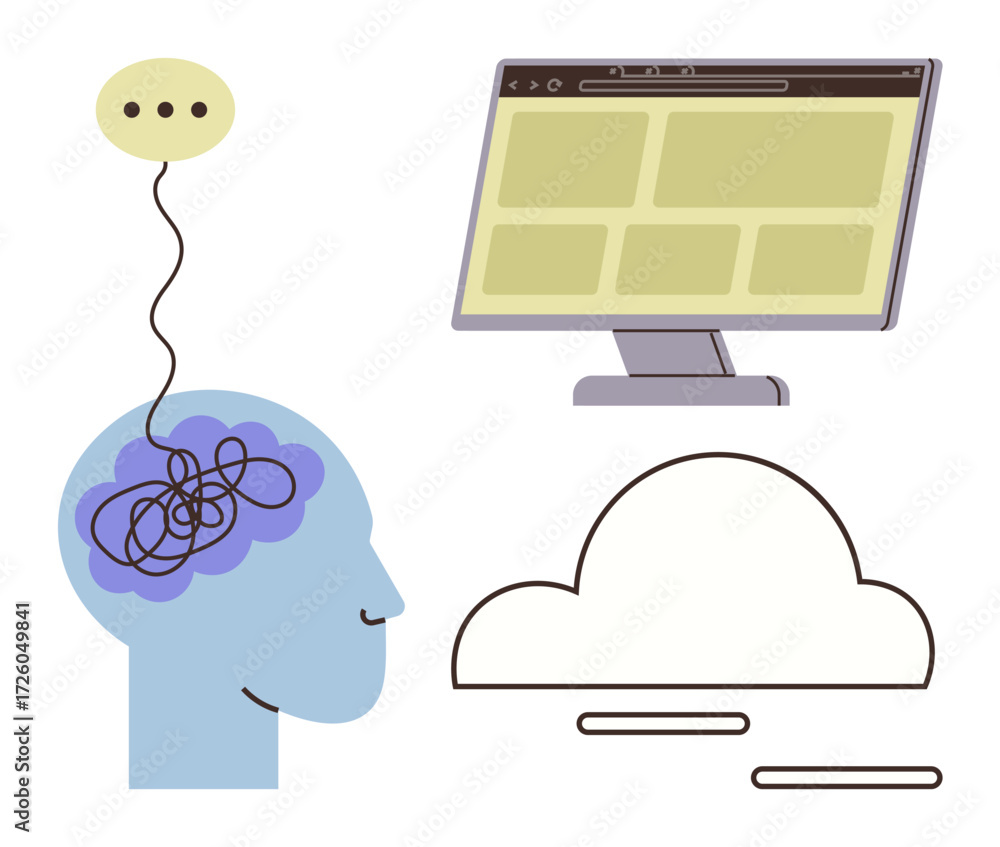 Poster human brain linked to thought bubble with tangled ideas, monitor with browser window, and cloud grap