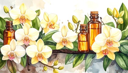 Watercolor rendering of golden essential oil bottles among blooming, yellow orchids