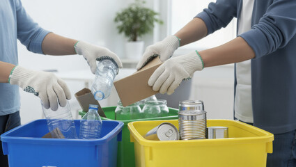 People wearing protective gloves diligently sorting different types of household waste into color coded bins, demonstrating responsible recycling and environmental commitment