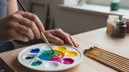 Fototapeta premium Artist's hands mixing vibrant acrylic paint colors on a white palette, creating a rainbow spiral with a paintbrush, symbolizing creativity, hobby, and artistic expression