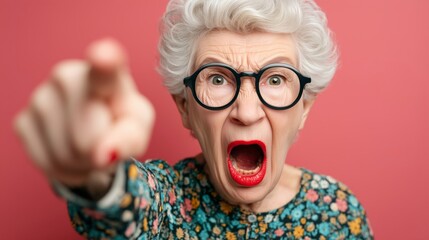 Elderly Woman Pointing finger and Yelling on pink background