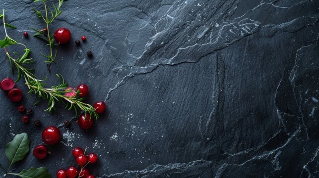 Elegant dark slate background with fresh cranberries and rosemary sprigs, perfect for adding a festive touch to your seasonal menus and holiday promotions