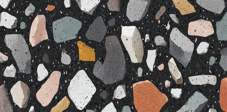 Black terrazo texture. Colorful mosaic stones, granite background