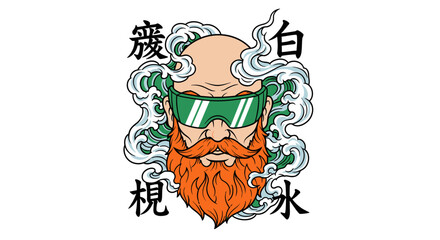Bald man with a vibrant orange beard, wearing green sunglasses, surrounded by stylized smoke and water patterns, with Japanese kanji characters.